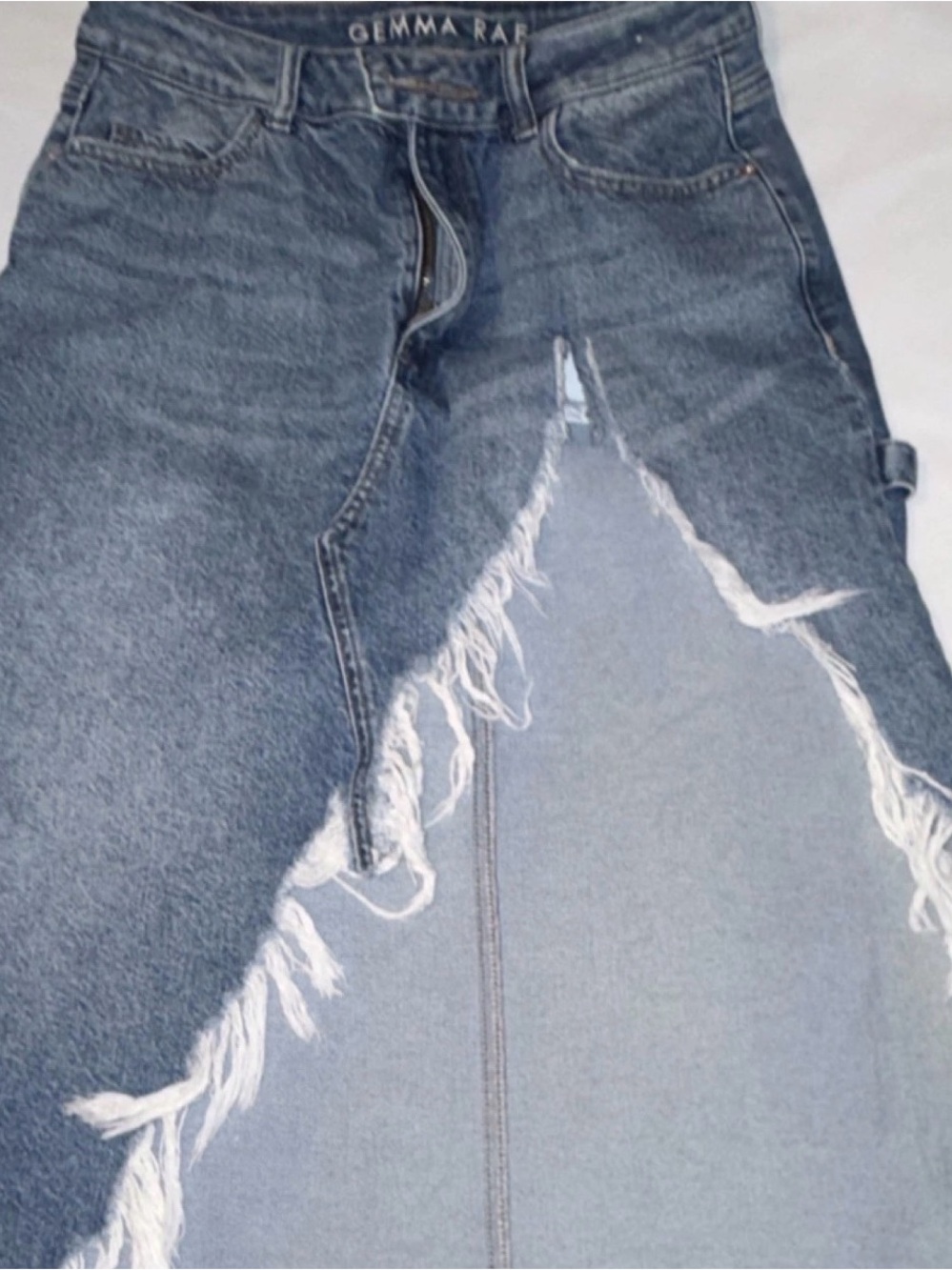 Gemma Rae Women's Sz 11 Distressed Blue Denim long Skirt Slit Y2K Streetwear